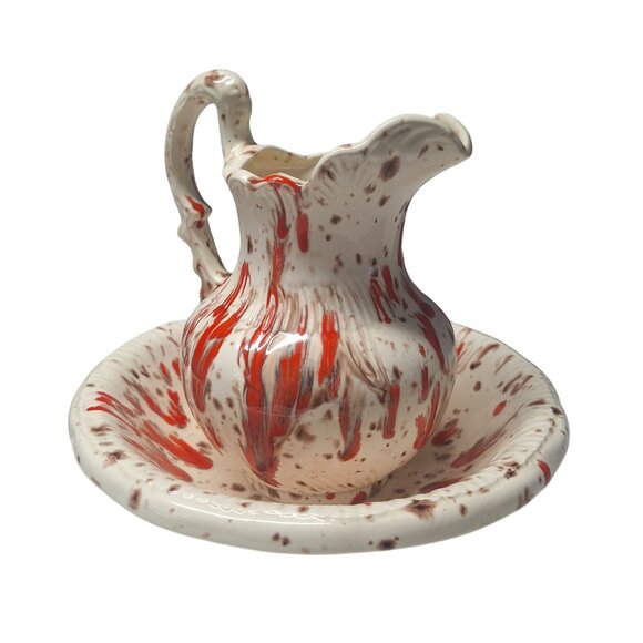 Vintage Ceramic Splatterware Pitcher Bowl Set Red White Spotted Design Drip - Picture 9 of 9